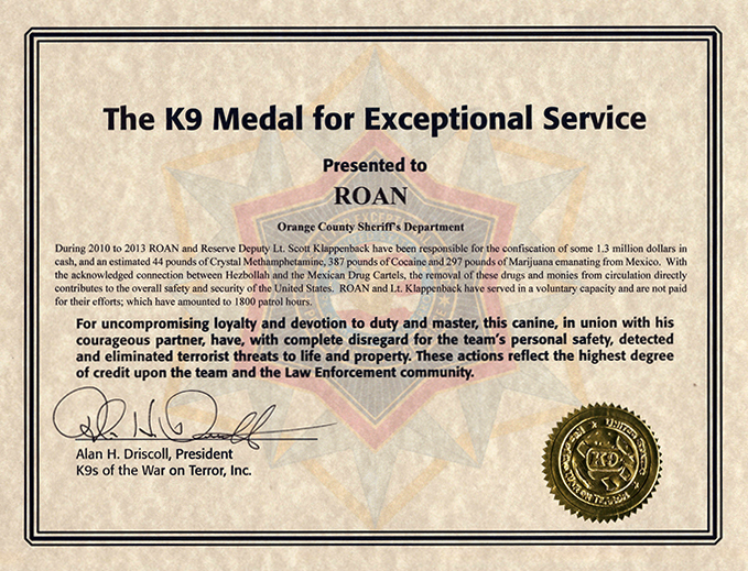 Award Certificate k9 Medal for Exceptional Service